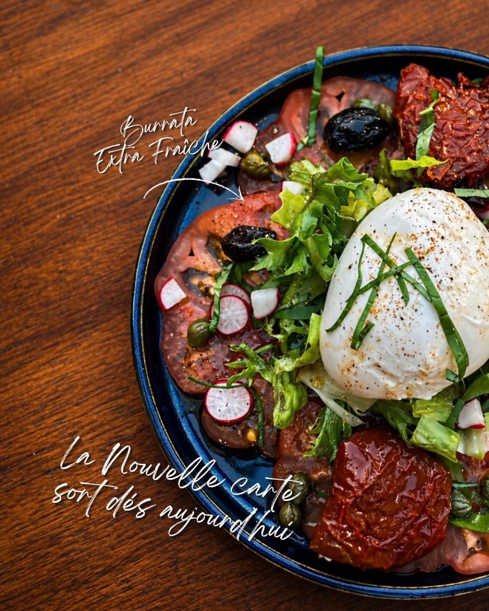 Burrata extra fraîche, tomates anciennes, radis, olives et câpres